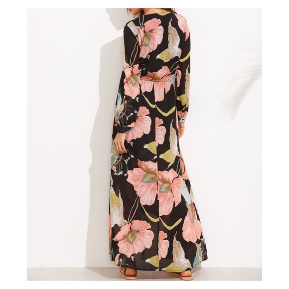 Black Floral Long Sleeve Maxi Dress - Picture 3 of 4